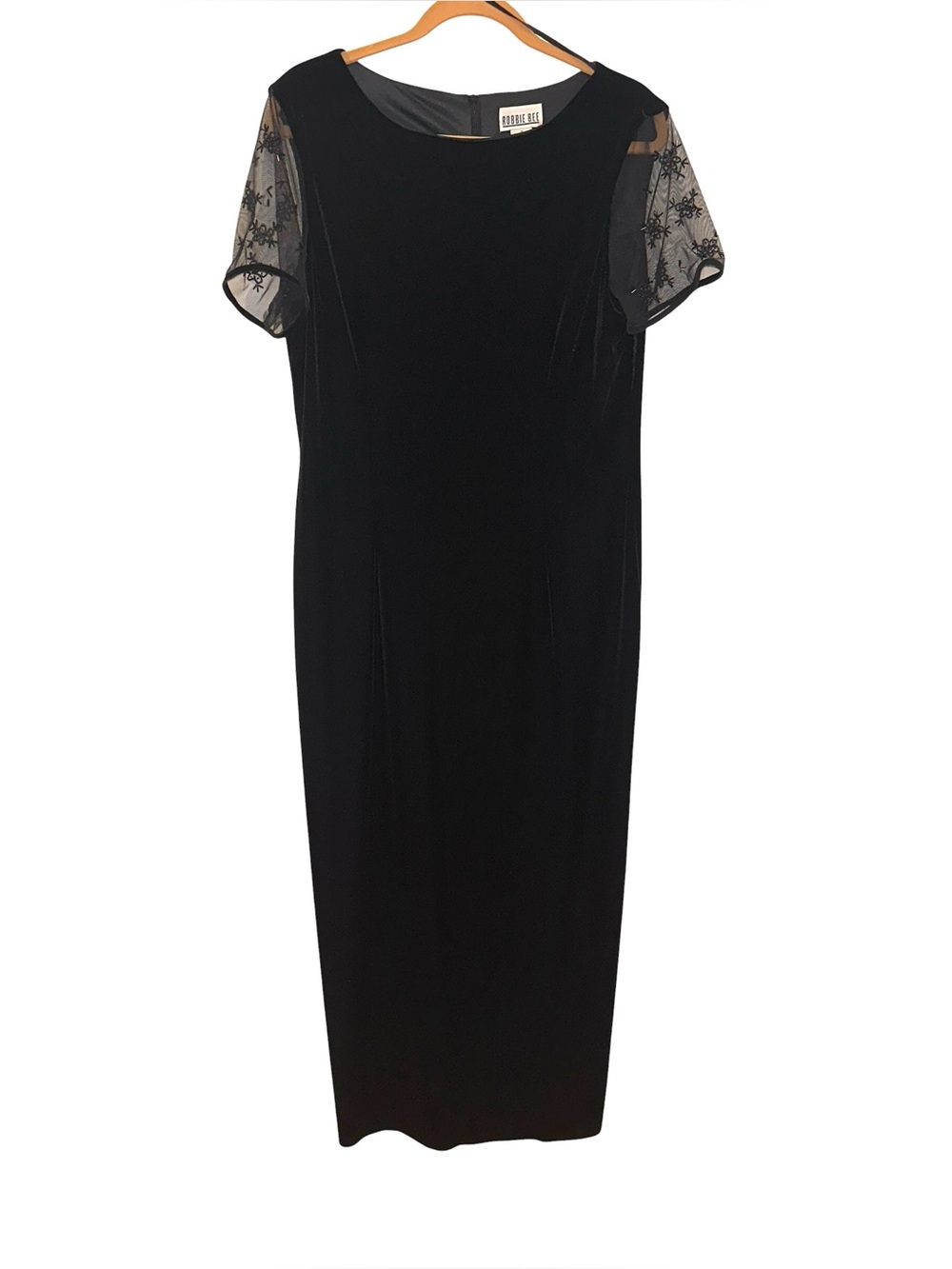 Vintage Robbie Bee Black Velvet Midi Length Dress Size 14 Sheer Beaded Details